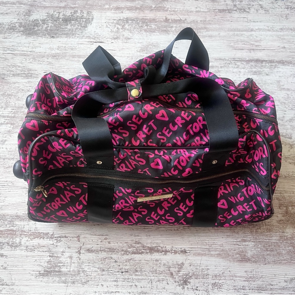Victoria's Secret Hot Pink Black Travel Suitcase Duffel Bag